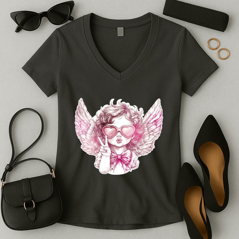 Cute Funny Valentines Day Cupid Peace Sign Women's V-Neck T-Shirt