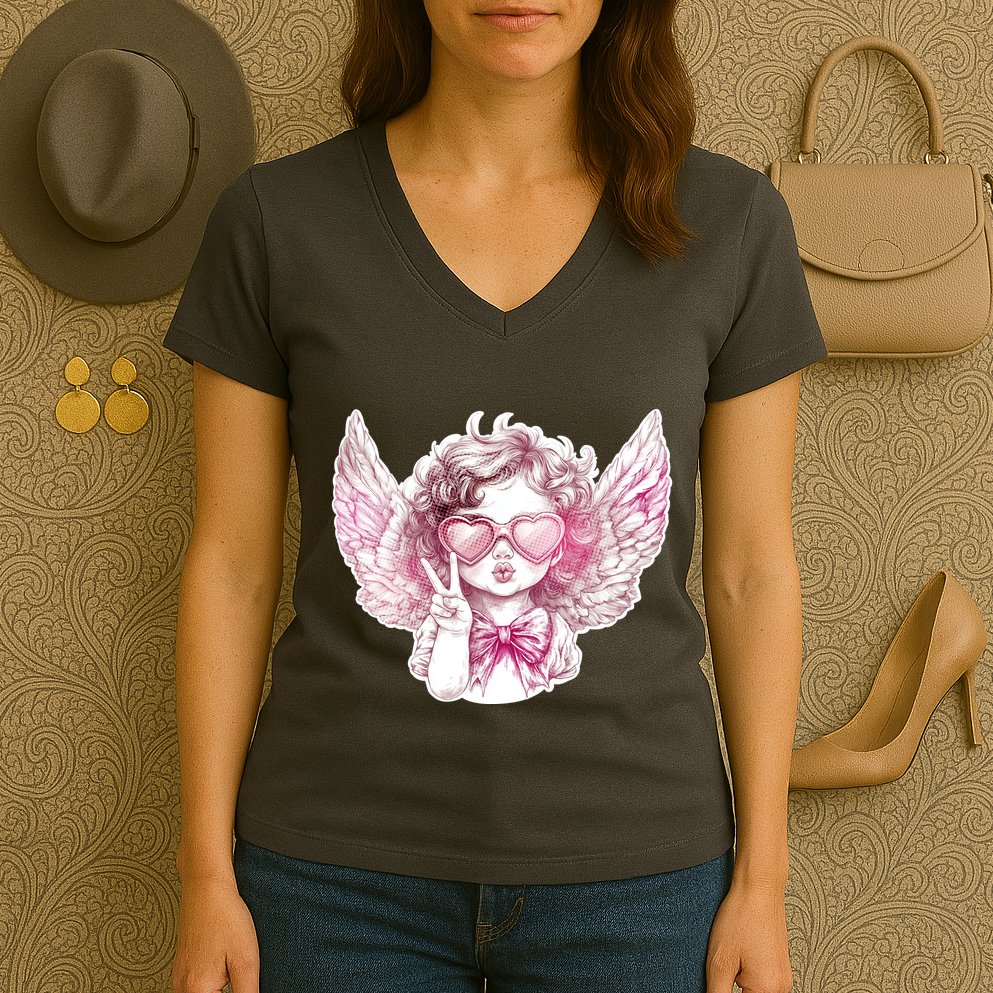 Cute Funny Valentines Day Cupid Peace Sign Women's V-Neck T-Shirt