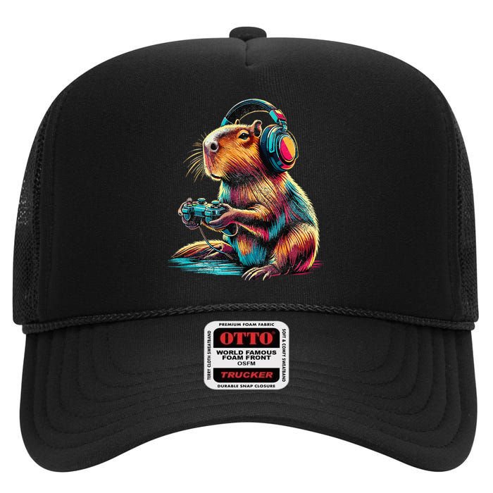 Capybara Funny Video Games Capybara Gift High Crown Mesh Back Trucker Hat