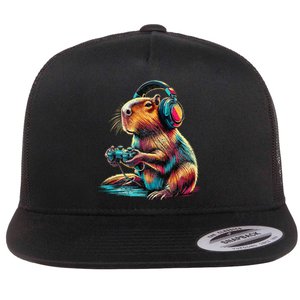 Capybara Funny Video Games Capybara Gift Flat Bill Trucker Hat