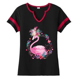 Cute Flower Wreath Flamingo Ladies Halftime Notch Neck Tee