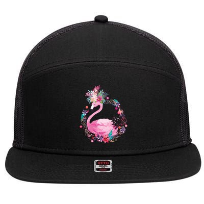 Cute Flower Wreath Flamingo 7 Panel Mesh Trucker Snapback Hat
