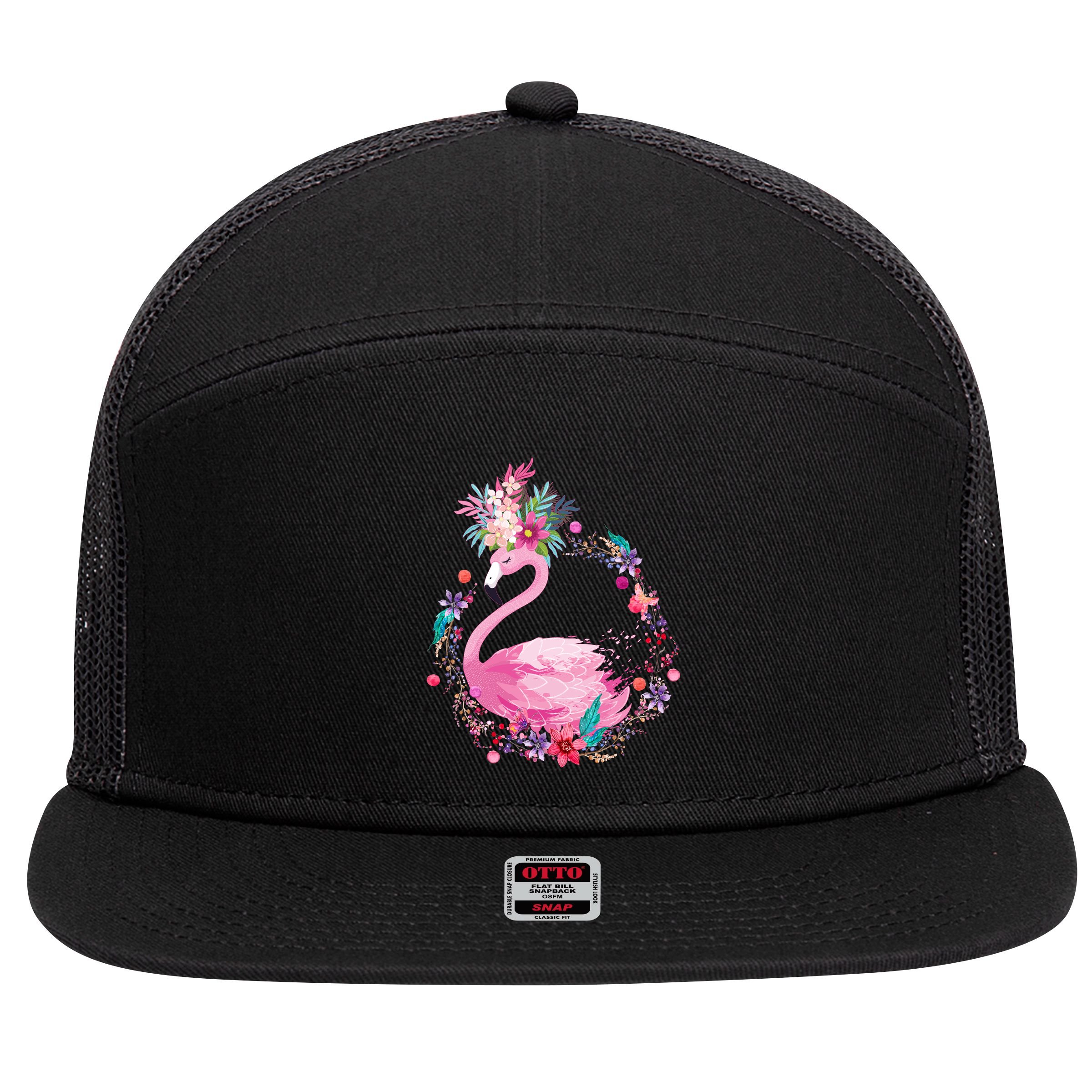 Cute Flower Wreath Flamingo 7 Panel Mesh Trucker Snapback Hat