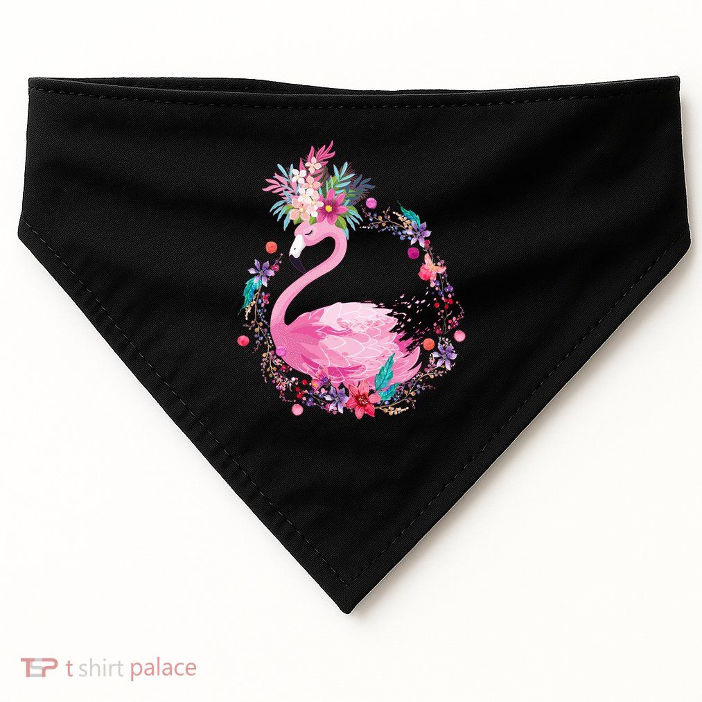Cute Flower Wreath Flamingo USA-Made Doggie Bandana