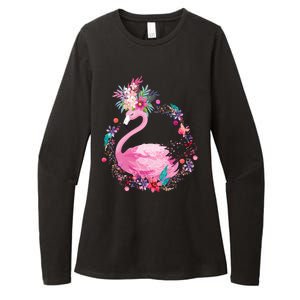 Cute Flower Wreath Flamingo Womens CVC Long Sleeve Shirt