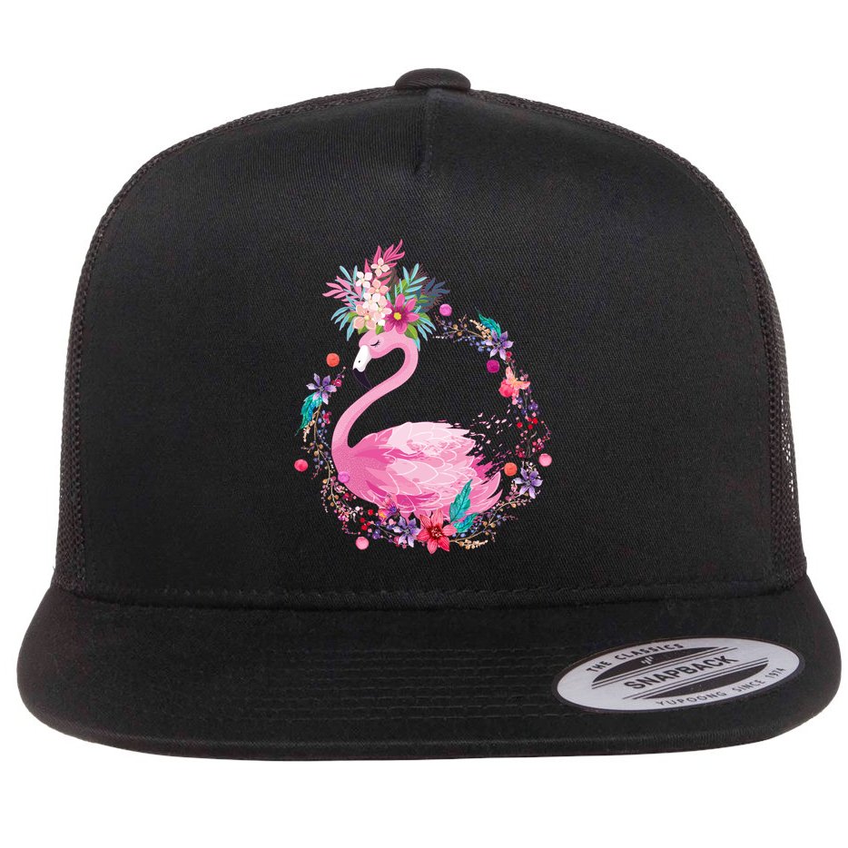 Cute Flower Wreath Flamingo Flat Bill Trucker Hat
