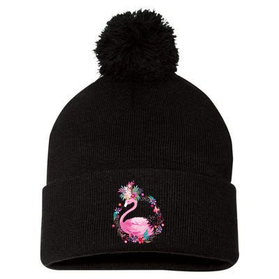 Cute Flower Wreath Flamingo Pom Pom 12in Knit Beanie