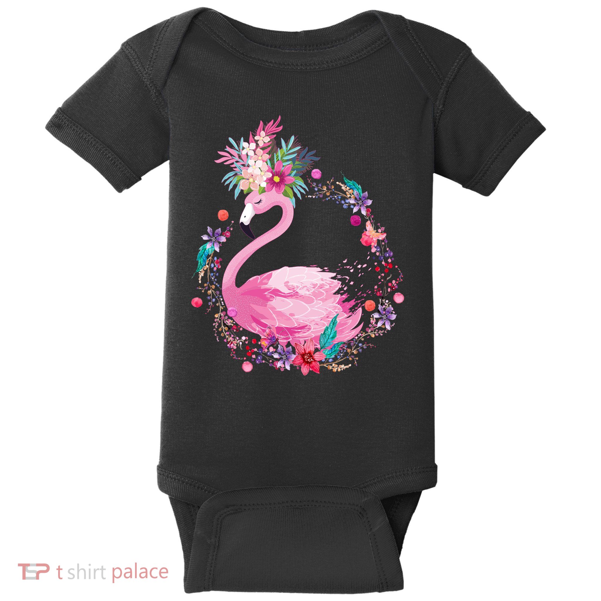 Cute Flower Wreath Flamingo Baby Bodysuit