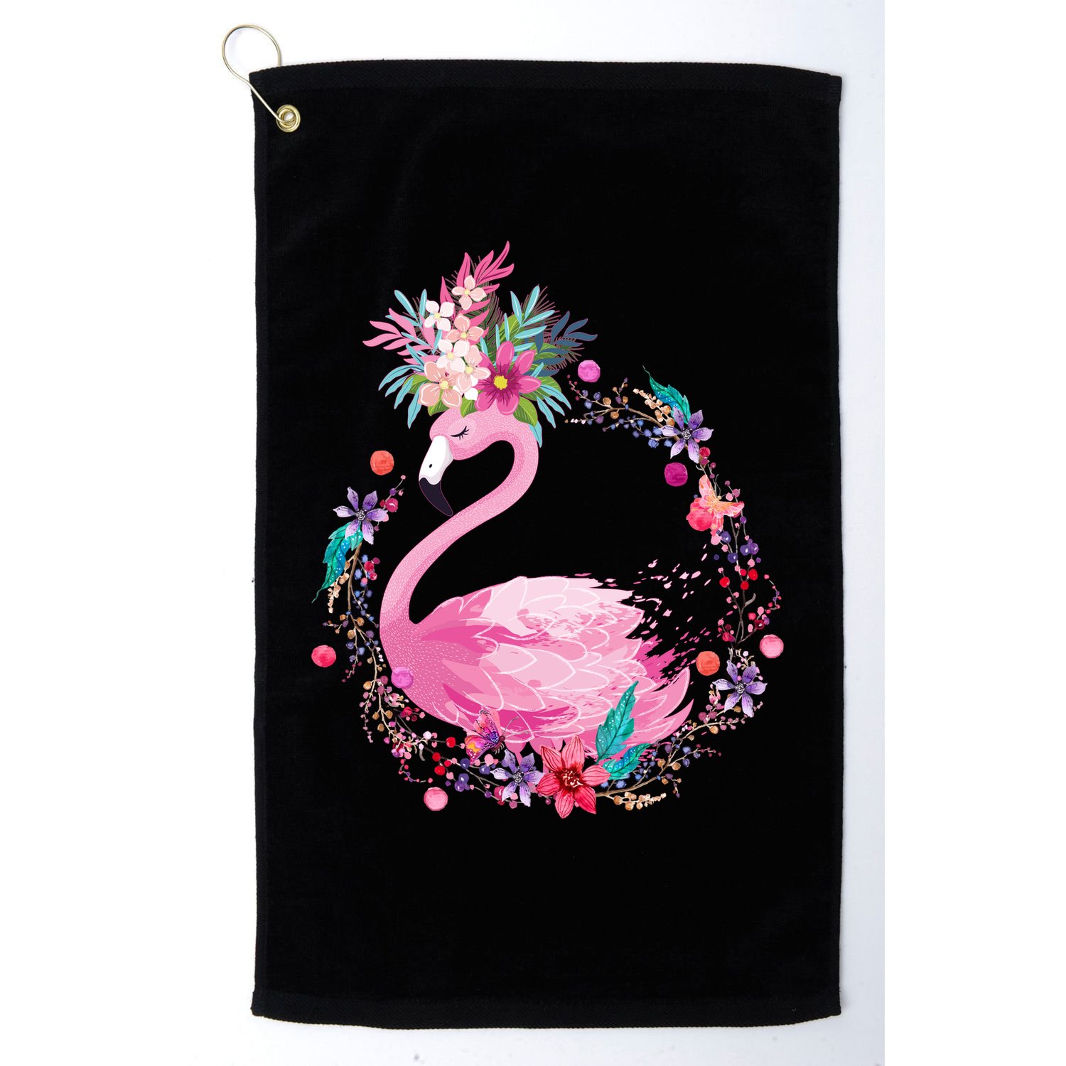 Cute Flower Wreath Flamingo Golf Towel