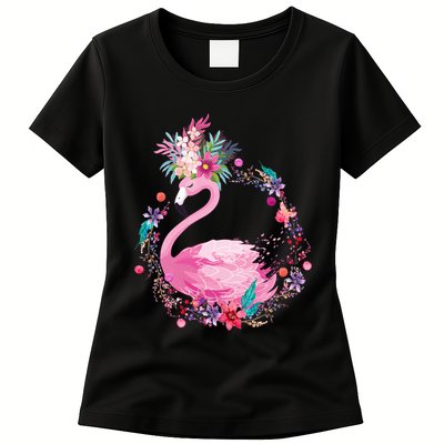 Cute Flower Wreath Flamingo Womens T-Shirt