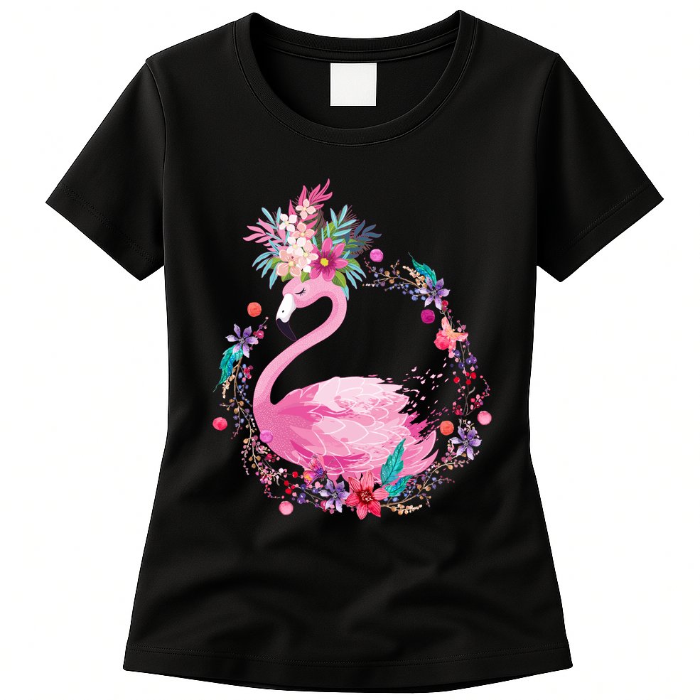 Cute Flower Wreath Flamingo Womens T-Shirt