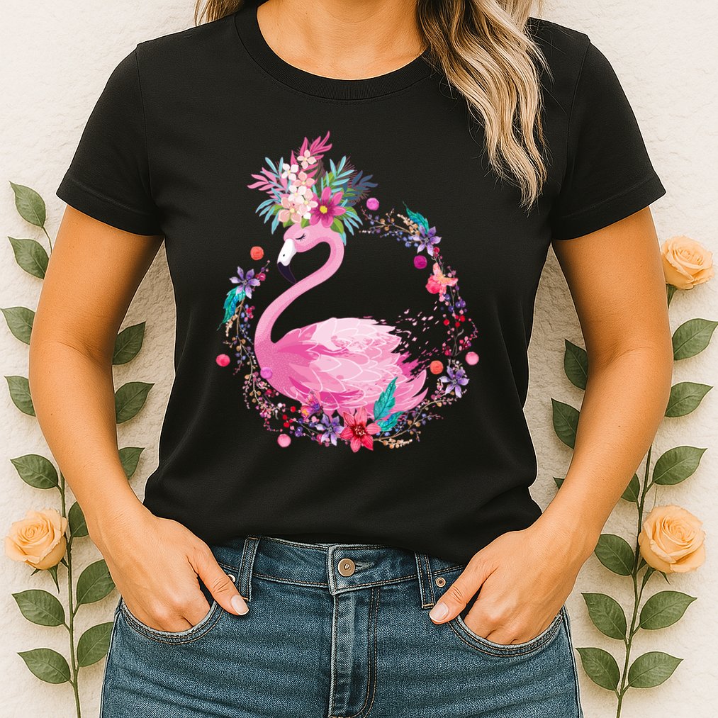 Cute Flower Wreath Flamingo Womens T-Shirt