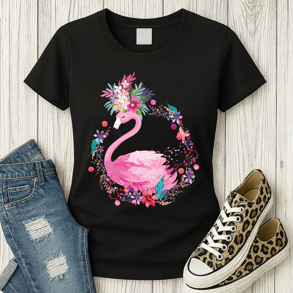 Cute Flower Wreath Flamingo Womens T-Shirt
