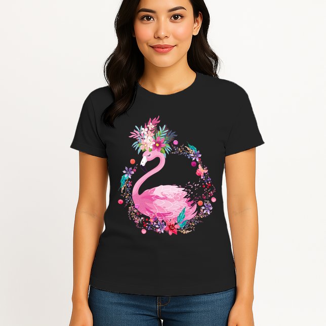 Cute Flower Wreath Flamingo Womens T-Shirt