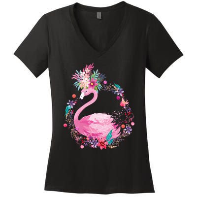 Cute Flower Wreath Flamingo Women's V-Neck T-Shirt
