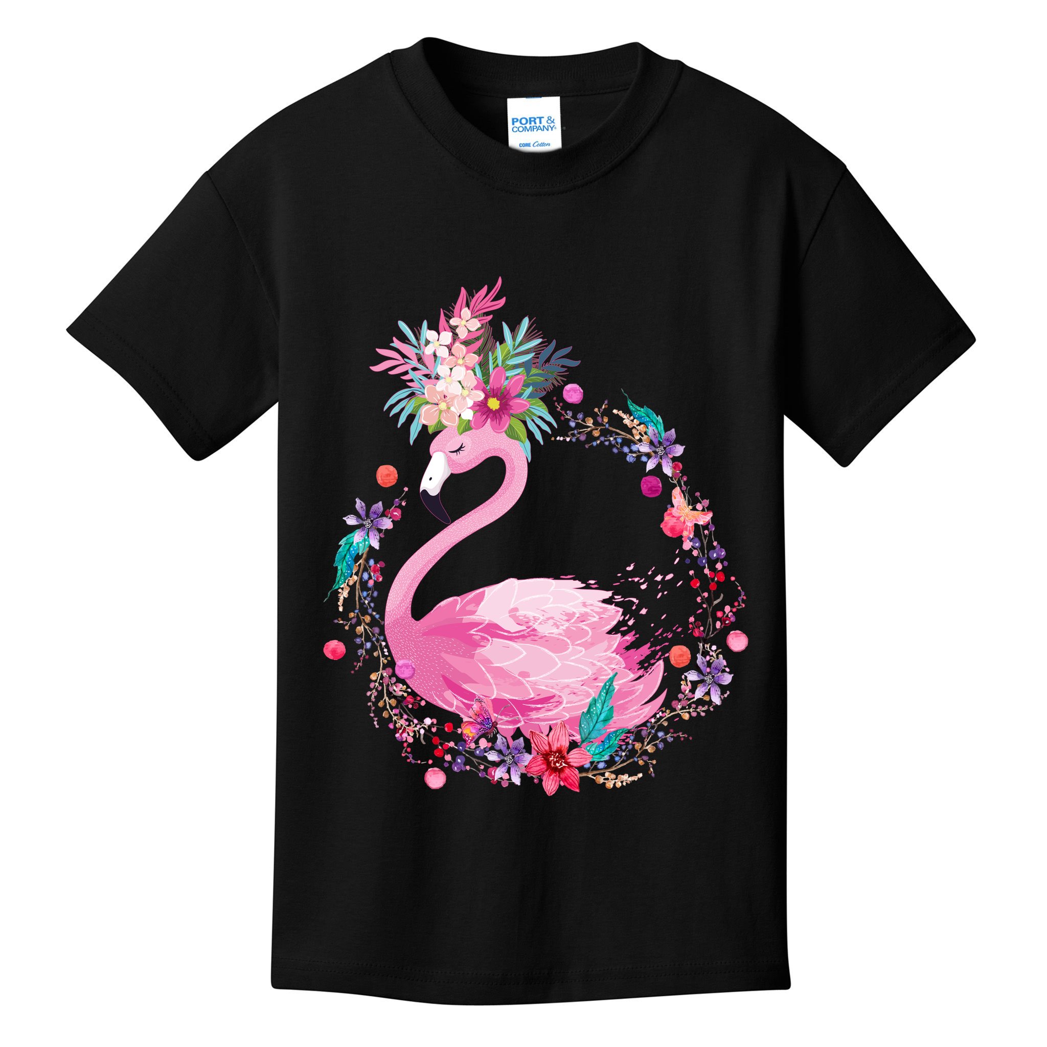 Cute Flower Wreath Flamingo Kids T-Shirt