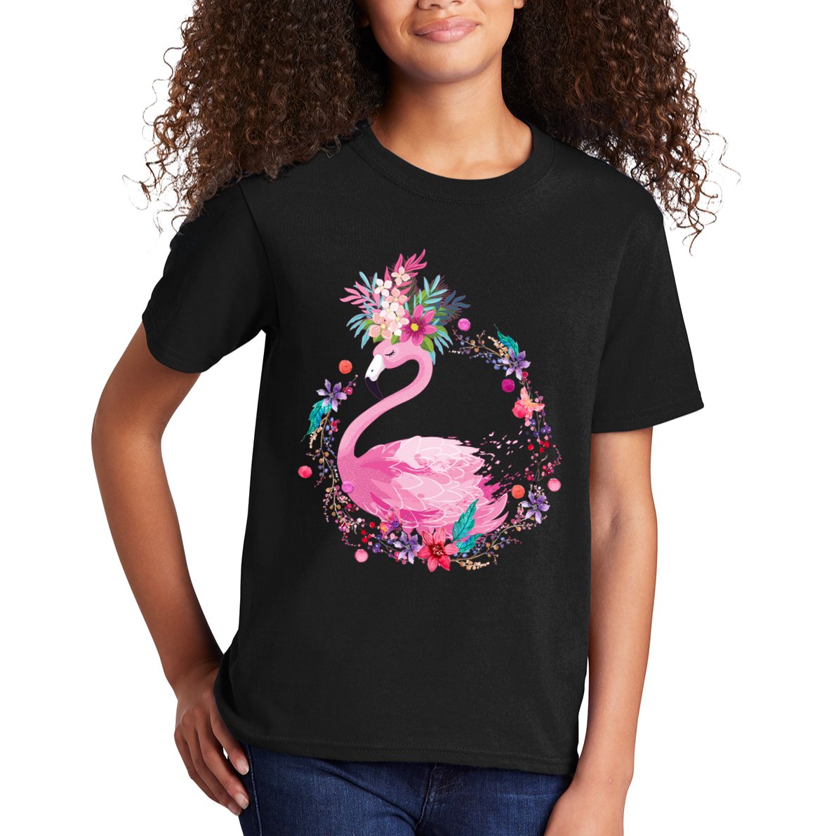 Cute Flower Wreath Flamingo Kids T-Shirt