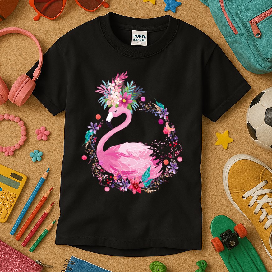 Cute Flower Wreath Flamingo Kids T-Shirt