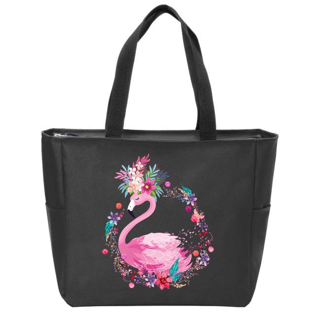 Cute Flower Wreath Flamingo Zip Tote Bag