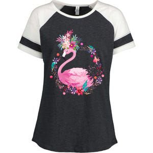 Cute Flower Wreath Flamingo Enza Ladies Jersey Colorblock Tee