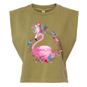 Cute Flower Wreath Flamingo Garment-Dyed Women's Muscle Tee