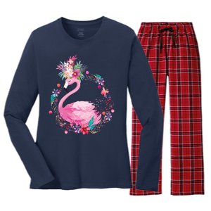 Cute Flower Wreath Flamingo Women's Long Sleeve Flannel Pajama Set 