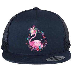 Cute Flower Wreath Flamingo Flat Bill Trucker Hat