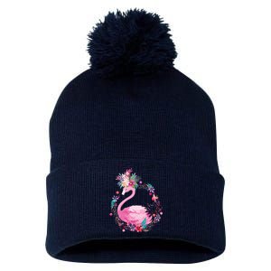 Cute Flower Wreath Flamingo Pom Pom 12in Knit Beanie