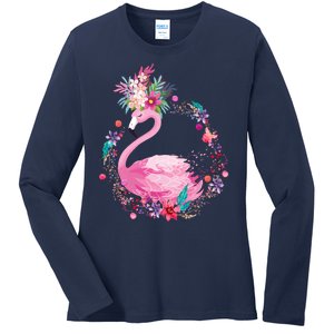 Cute Flower Wreath Flamingo Ladies Long Sleeve Shirt