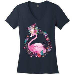 Cute Flower Wreath Flamingo Women's V-Neck T-Shirt