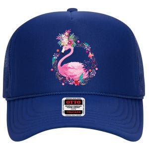 Cute Flower Wreath Flamingo High Crown Mesh Back Trucker Hat