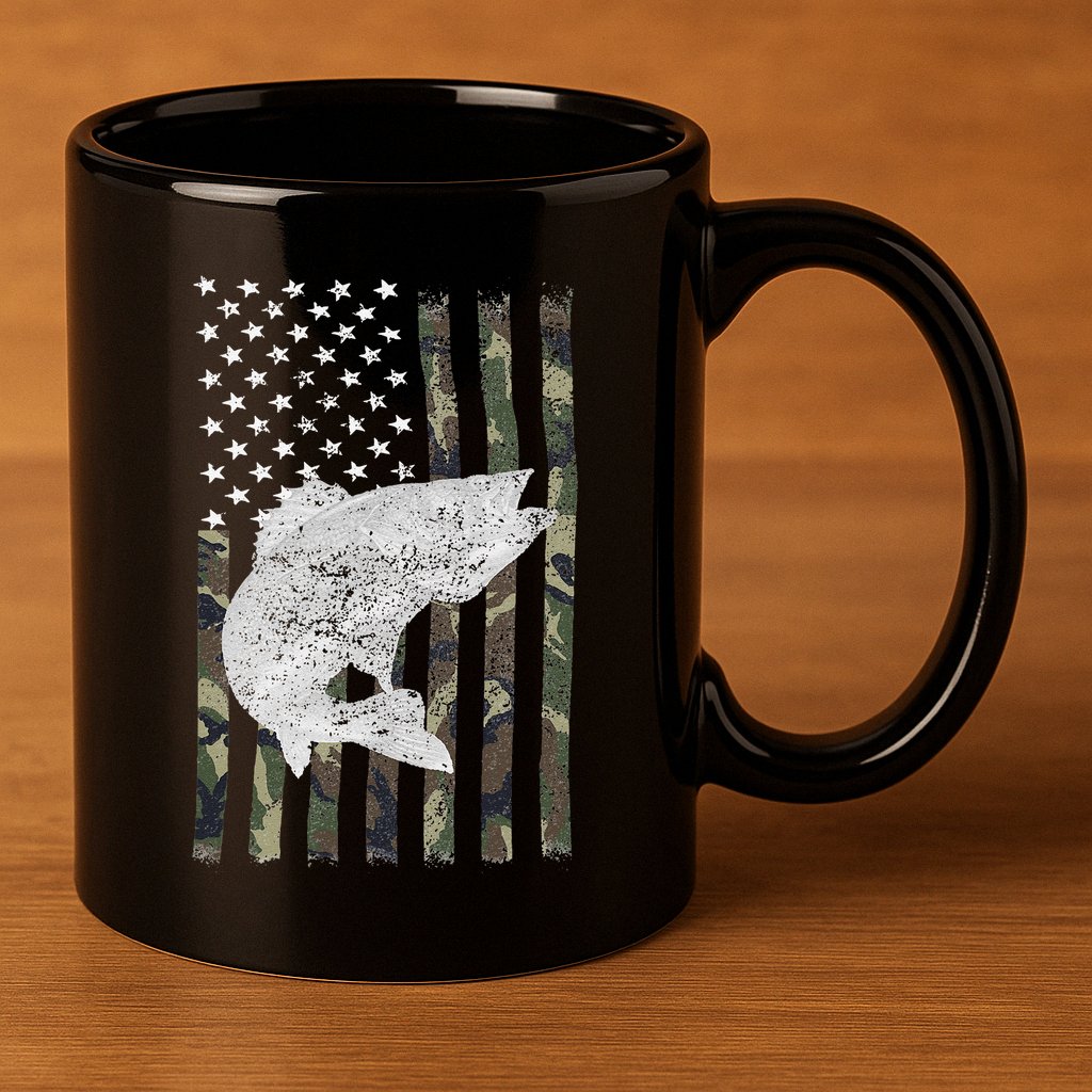 Camouflage Flag Walleye Fishing Angler 11oz C Handle Ceramic Mug