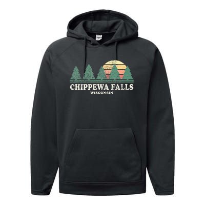 Chippewa Falls Wi Vintage Throwback Retro 70s Design Performance Fleece Hoodie