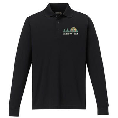 Chippewa Falls Wi Vintage Throwback Retro 70s Design Performance Long Sleeve Polo