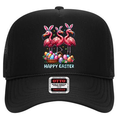 Cute Flamingo With Easter Bunny Egg Basket Happy Easter High Crown Mesh Back Trucker Hat