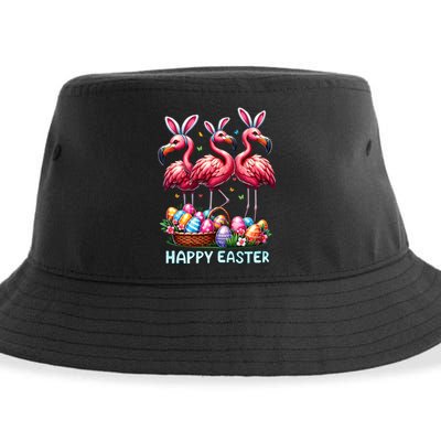 Cute Flamingo With Easter Bunny Egg Basket Happy Easter Sustainable Bucket Hat