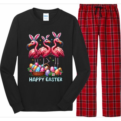 Cute Flamingo With Easter Bunny Egg Basket Happy Easter Long Sleeve Pajama Set