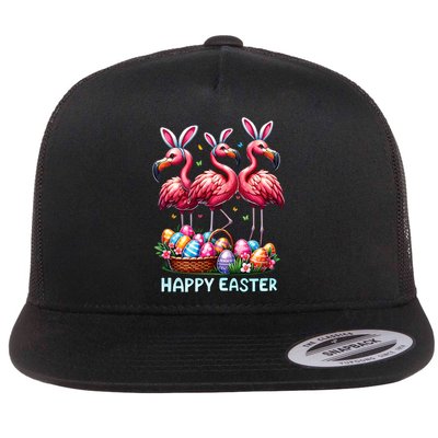 Cute Flamingo With Easter Bunny Egg Basket Happy Easter Flat Bill Trucker Hat