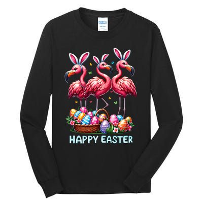 Cute Flamingo With Easter Bunny Egg Basket Happy Easter Tall Long Sleeve T-Shirt