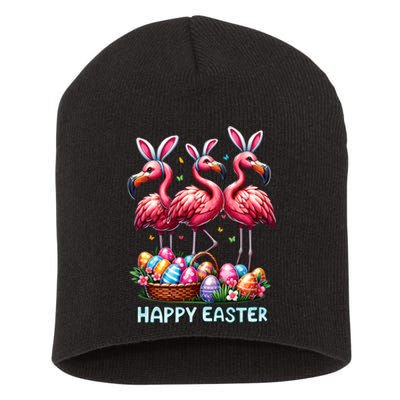 Cute Flamingo With Easter Bunny Egg Basket Happy Easter Short Acrylic Beanie