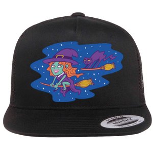 Cute Flying Witch Flat Bill Trucker Hat