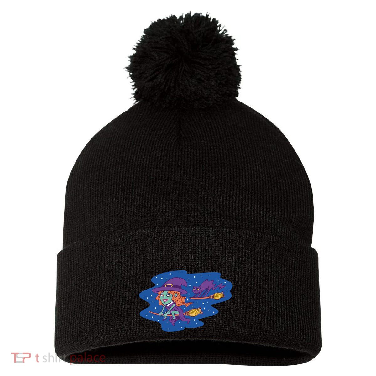 Cute Flying Witch Pom Pom 12in Knit Beanie