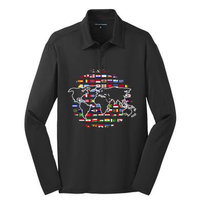 Country Flags World Map Traveling International World Flags Silk Touch Performance Long Sleeve Polo