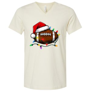 Christmas Football With Santa Hat Christmas Football Player V-Neck T-Shirt