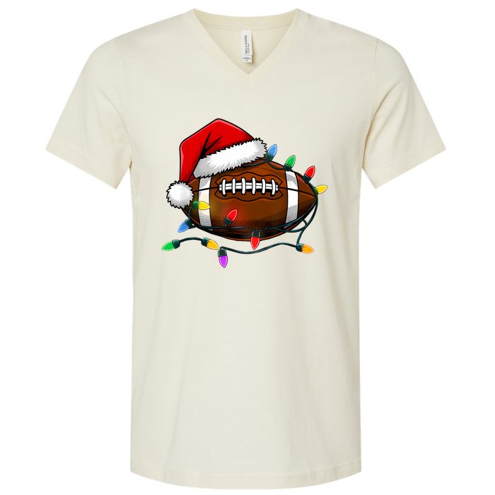 Christmas Football With Santa Hat Christmas Football Player V-Neck T-Shirt