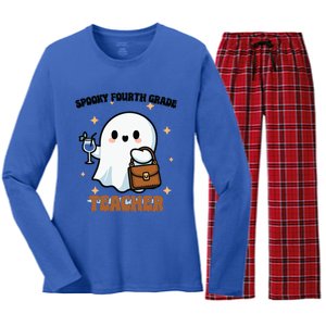 Cute Ghost 4th Grade Teacher Spooky Fourth Grade Teacher Gift Women's Long Sleeve Flannel Pajama Set 