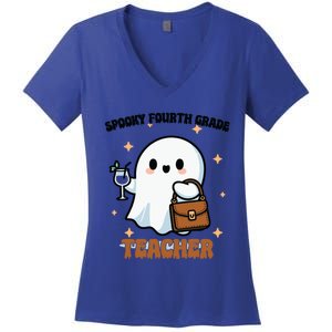 Cute Ghost 4th Grade Teacher Spooky Fourth Grade Teacher Gift Women's V-Neck T-Shirt