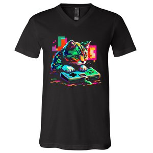 Cat Gaming 8bit Gaming V-Neck T-Shirt