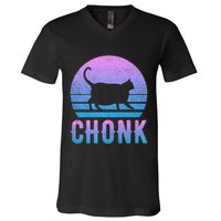 Chonk Gradient 90´S Funny Retro Fat Cat Meme V-Neck T-Shirt