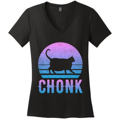 Chonk Gradient 90´S Funny Retro Fat Cat Meme Women's V-Neck T-Shirt